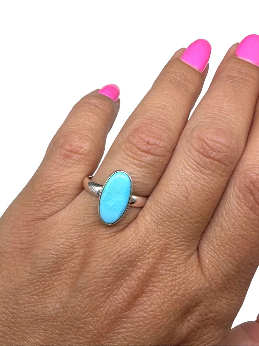 Aztec Mountain Turquoise Ring Size 8 Solid 925 Sterling Silver Oval Stone - Picture 2 of 5